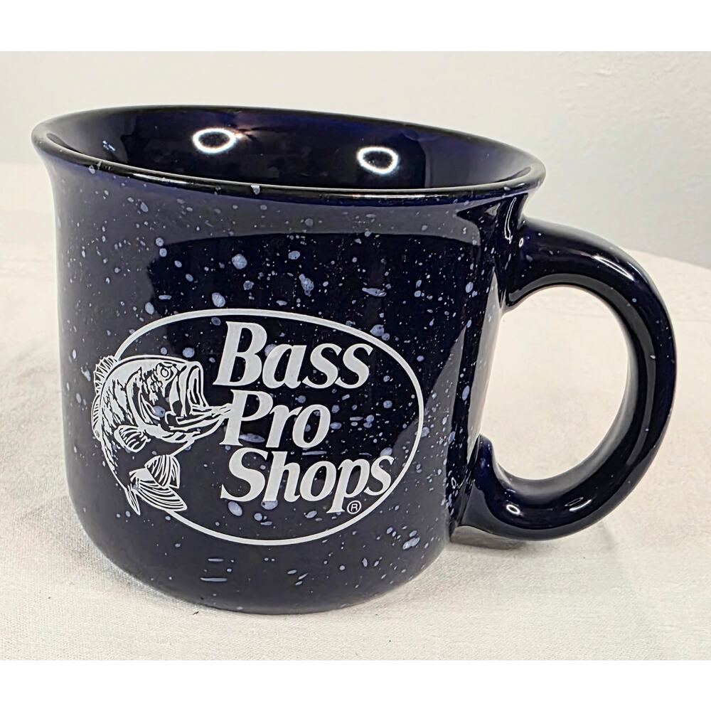 Bass Pro Shops 16 oz Ceramic Coffee Mut Navy Speckled White Graphics Collectible